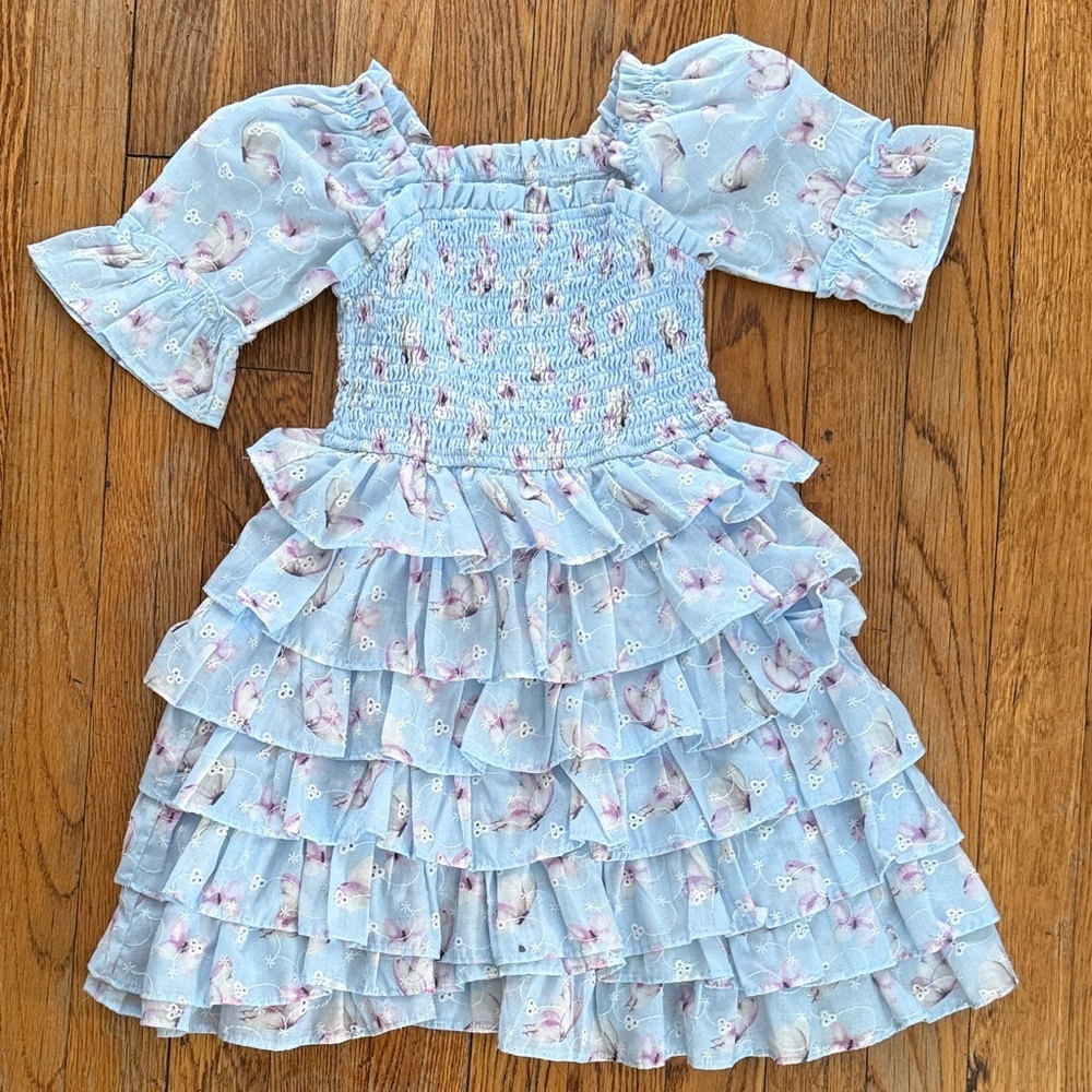 Ivy City Co mini Madeline smocked kids dress blue butterfly Easter spring 4-5Y